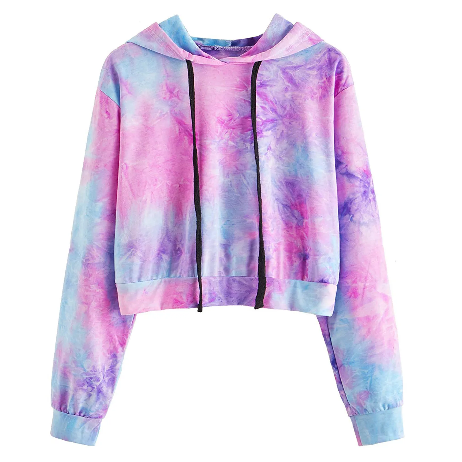Women Tie-dye Print Hoodies Long Sleeve Drawstring Crop Top Pullover Top Y2k Casual Loose Hooded Sweetshirts Ropa Mujer#fs 1