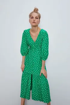 

2020 new Spring Summer European Hair 55 Polka Dot female green Dress zaraing vadiming sheining women dress streetwear O9608
