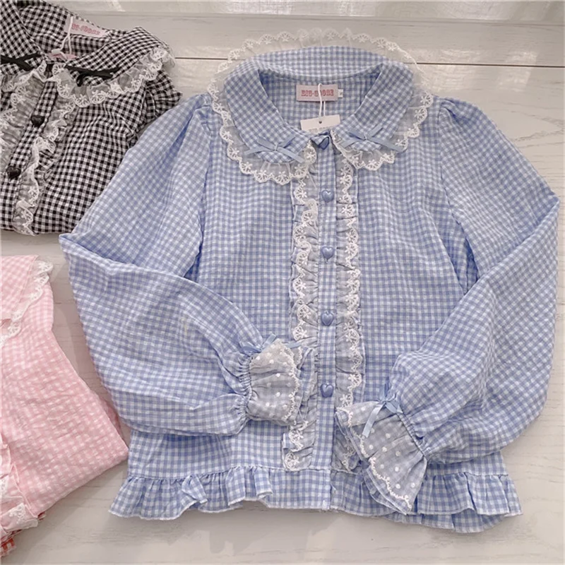 Lolita Cute Plaid Blouse Women White Kawaii Lace Elegant Peter Pan Collar Pink Button Up Shirts Girl Japanese JSK Sweet Tops