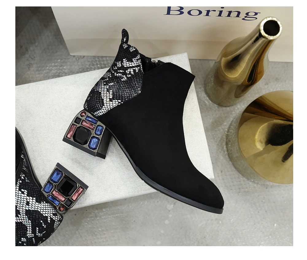 BESCONE Stylish Women Mid-Calf Boots Winter Handmade Snake Pattern Zip Square Heel Shoes Microfiber Round Toe Lady Boots BM307