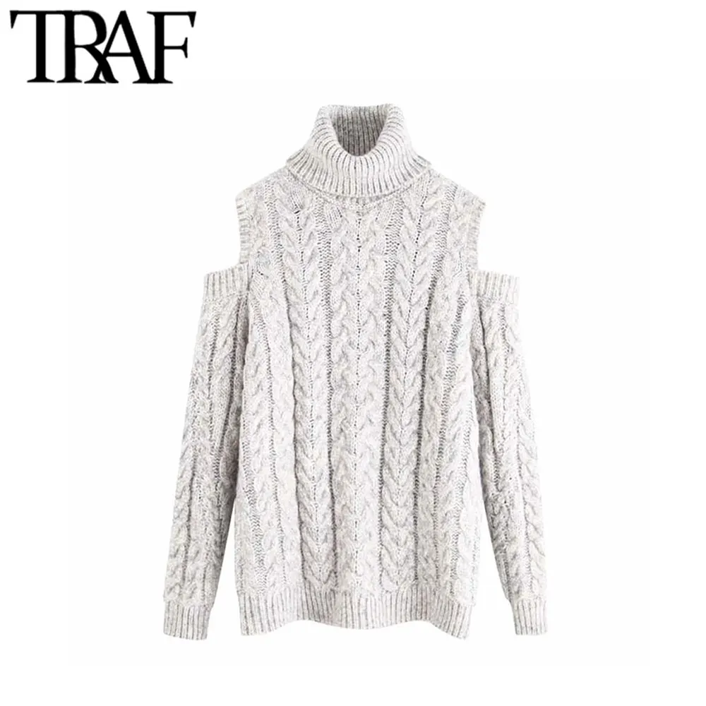 

TRAF Women Vintage Stylish Cold Shoulder Knitted Sweater Fashion Turtleneck Long Sleeve Female Pullovers Chic Tops