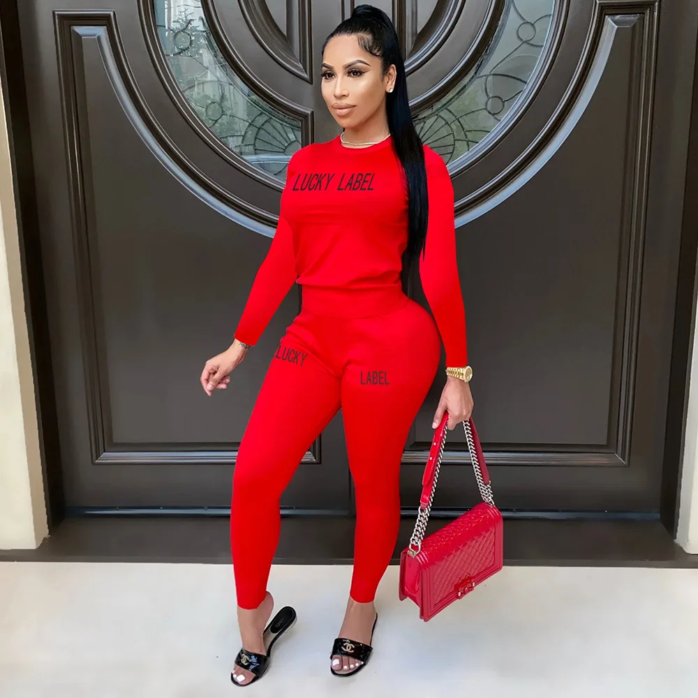 

Winter solid color letter offset printing round neck slim sports long-sleeved two-piece suit 2020 ladies clothing knitted suit w