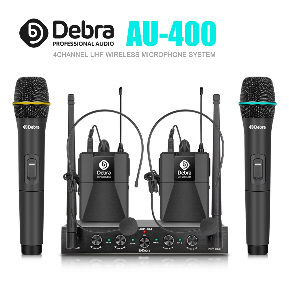 

Professional AU-400 UHF Pro 4channel handheld or Lavalier & Headset Portable wireless microphone system for karaoke church party