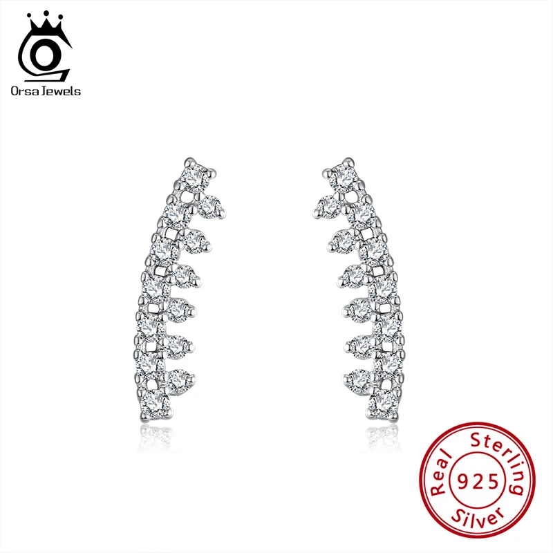 

ORSA JEWELR Irregular Stud Earrings Solid 925 Silver Clear Cubic Zirconia Harrow Shape Earrings Stud Fashion Daily Jewelry SE259