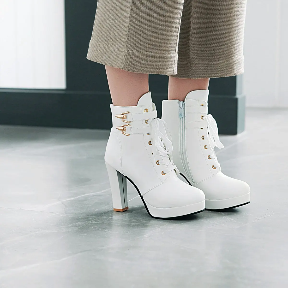 Pink White Black JK Uniform Womens Chunky Platform Ankle Boots Lolita Super High Heel Lace Up Boots Sweet Lace Side Zipper Shoes