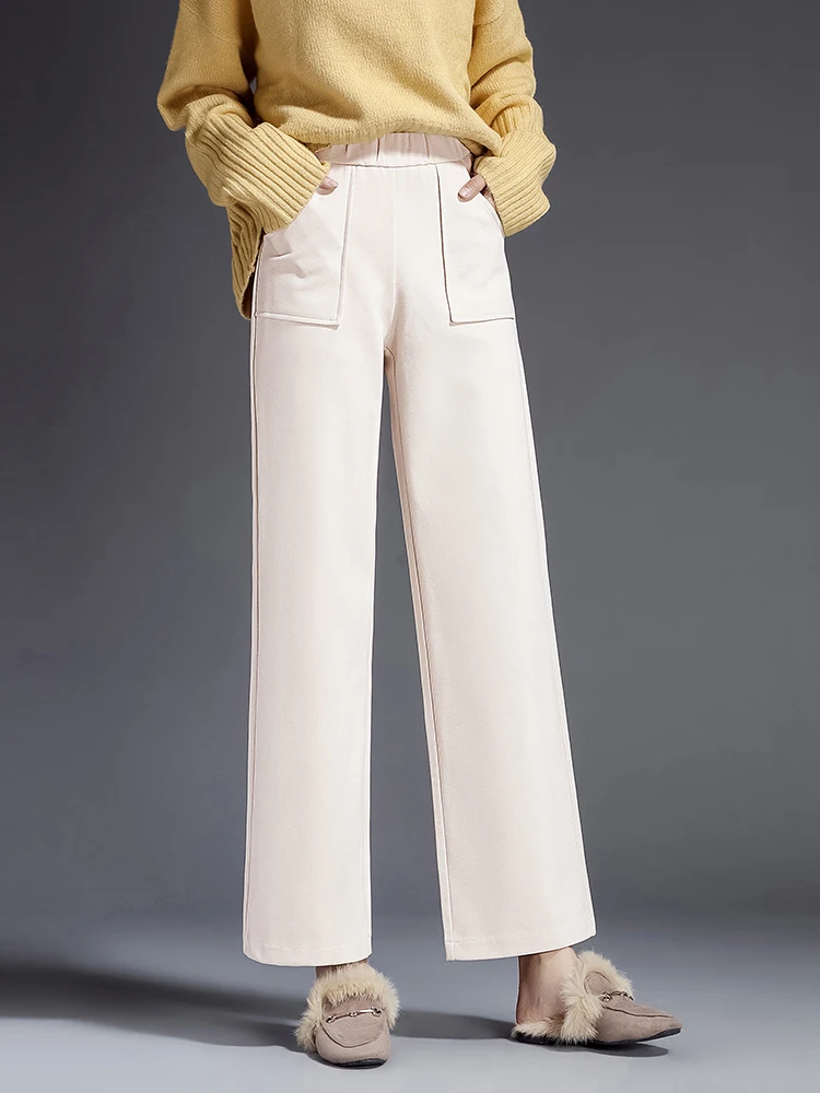 Apricot pants Осень зима модные широкие брюки женские повседневные брюки эластичная талия высокая талия прямые свободные женские брюки - Color: Apricot pants