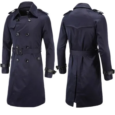 Navy blue Мужской плащ, британский стиль, классический Тренч, куртка, двубортный, длинный, тонкий, верхняя одежда, регулируемый ремень, кожаный рукав, ремень - Цвет: Navy blue