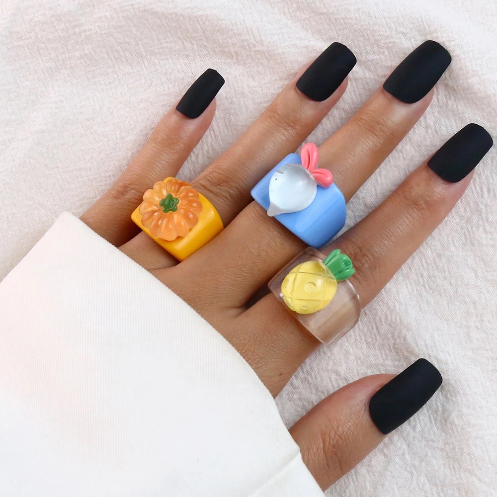Cartoon Fruit Ring Women Fashion Korean Cute Animal Resin Acrylic Ring Set Christmas Birthday Party Gift Jewelry for Female Girl