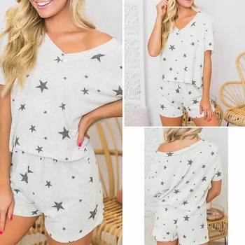 

Women's Stars Print Short Sleeve Top Short Casual Loose Sleepwear Set White