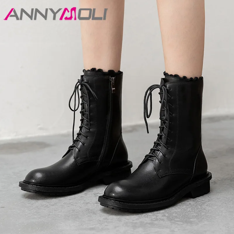 

ANNYMOLI Real Leather Med Heel Ankle Boots Woman Motorcycle Boots Zip Short Boots Lace Up Block Heel Ladies Shoes Autumn Winter