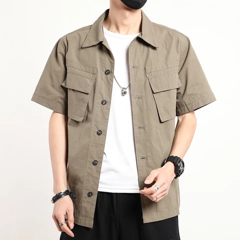 Summer Casual Shirt Men Short Sleeve Cotton Cargo Solid Mens Shirts