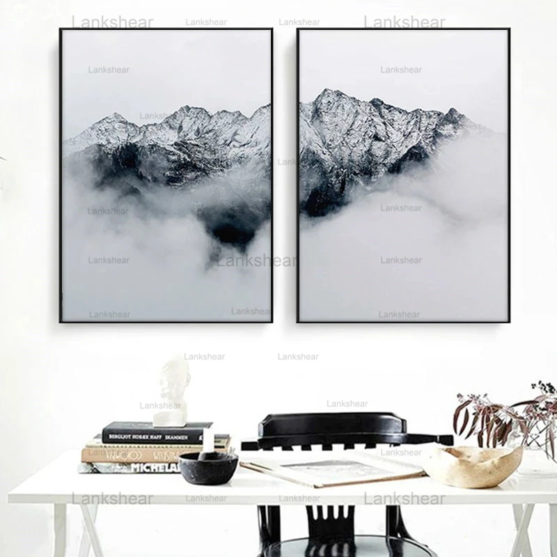 Горный принт Черный и белый Wall Art Природный Пейзаж Плакат пейзаж живопись холст