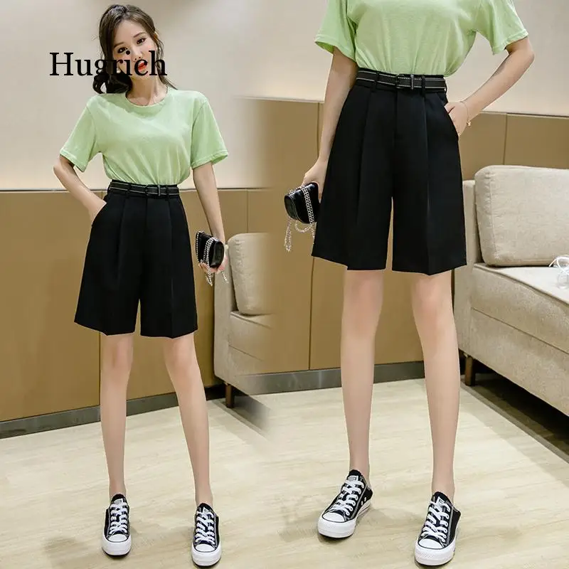 New 2021 Wide Leg Loose Bermuda Shorts for Women High Waist Purple or Black Cotton Shorts Free Belt High Quality Bermuda Femme