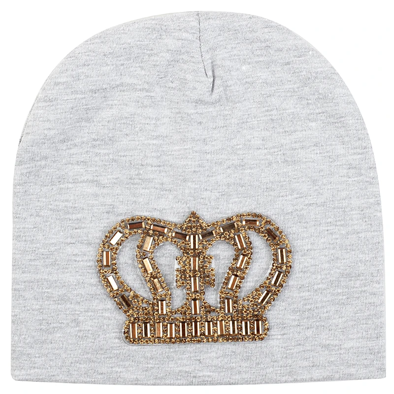 gold light gray Зимние теплые шапки-бини для новорожденных, шапки унисекс с черепом и короной, хлопковые шапочки для маленьких мальчиков и девочек 0-3 месяцев - Цвет: gold light gray
