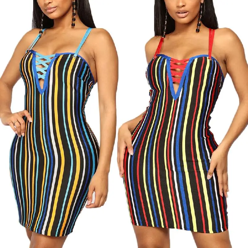 

Bikitique Women Stripes Print Dress Wrap Chest Tight Wrap Buttock Party Dress Women Holiday Open Back Mini Bodycon Dress Vestido