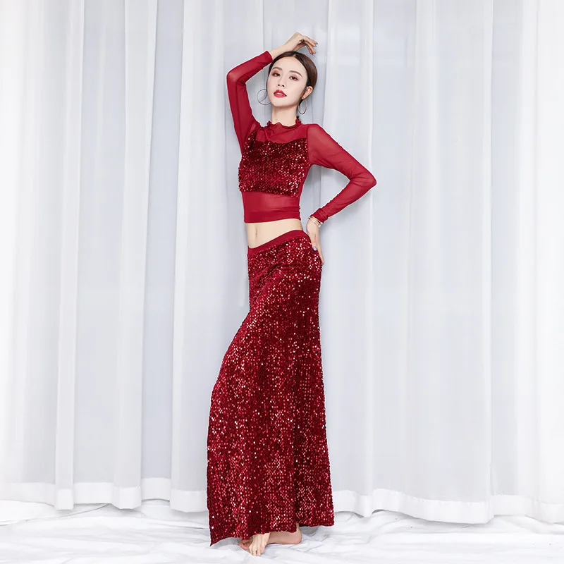 Belly Dance Costume For Women Oriental Bellydance Practice Clothes Sequined Sexy Split Dancing Dress 2-piece Set Girls Dancewear