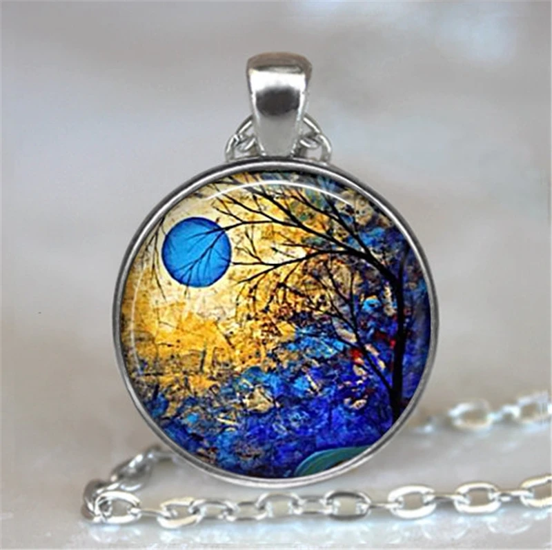 Винтажное ожерелье с подвеской кабошоном из натурального стекла массивное