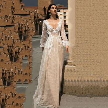 

Top of the Applique A-line Rushes Wedding dress Puff sleeves Tulip Boho Wedding dress Vestido De Novia V-cut Bride dress Wedding