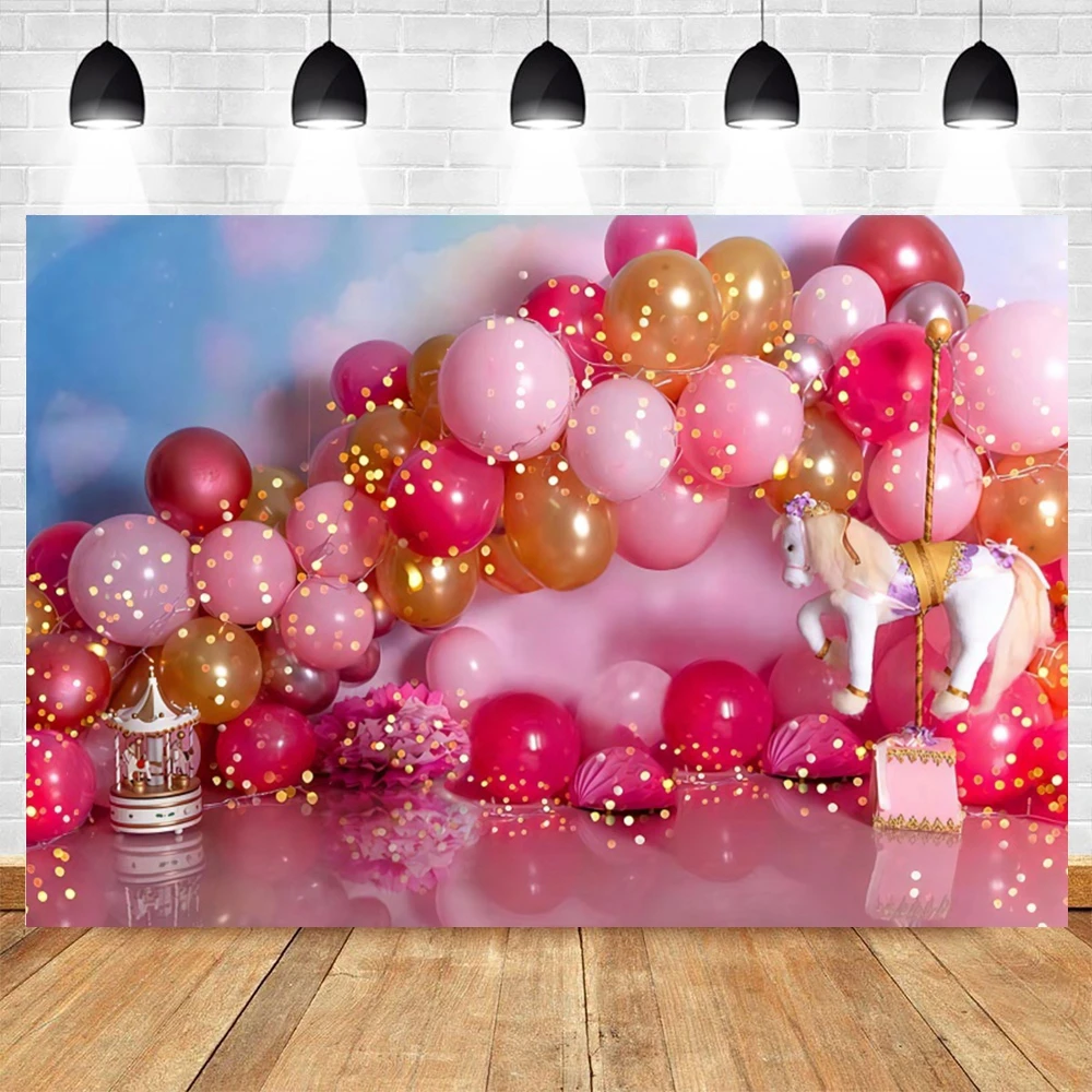 

Carousel White Horse Pink Balloon Baby Interior Photography Background Happy Birthday Party Backdrop For Photo Studio Shoot