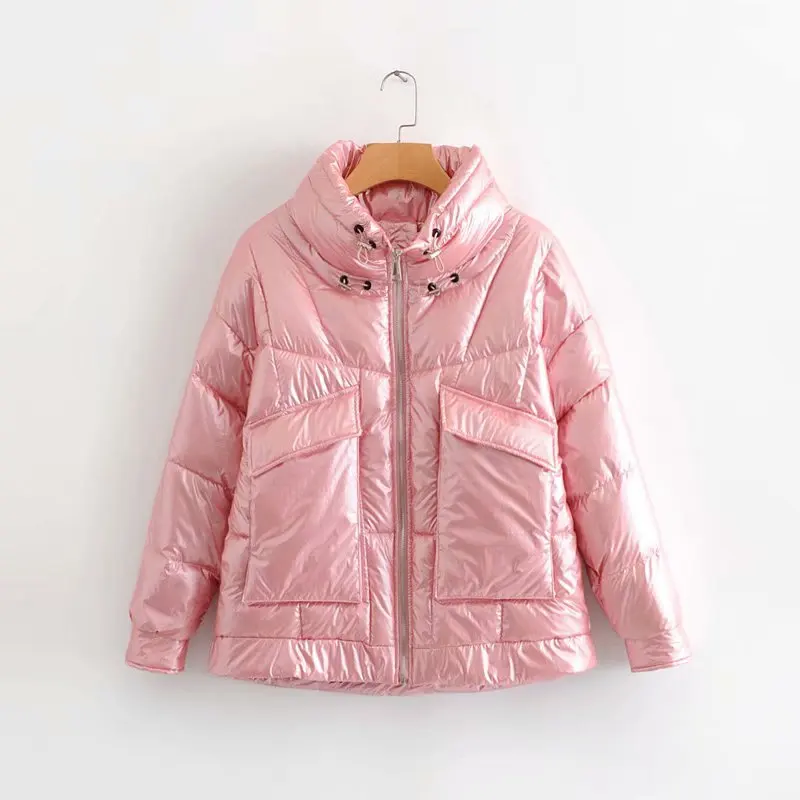 

K968. 3-9099-Korean-style WOMEN'S Wear 2019 Autumn And Winter New Style Bright Surface Stand Collar Short Cotton Overcoat