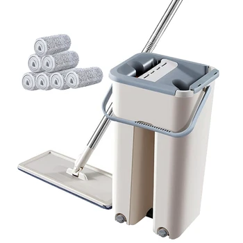 

Flat Floor Mop Scraping Ultra-Fine Fiber Mop Self Wet and Dry Cleaning Microfiber Mop Bucket with 5 Microfiber Pads