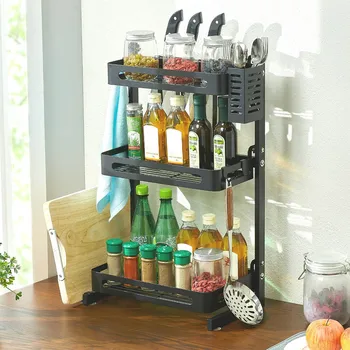 

Kitchen Spice Rack 3 Tier Metal Spice Rack Come With Knives Holder/Utensil Holder/Cutting Board Holder And 3 Hooks