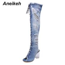 Aneikeh/Новинка г. Модные женские джинсовые ботинки «Челси» выше колена обувь на квадратном каблуке с перекрестной шнуровкой вечерние ботинки с открытым носком Размер 9