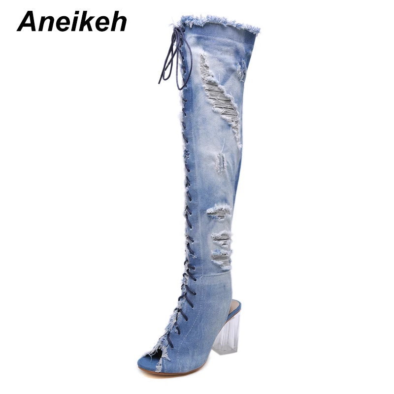 

Aneikeh New 2020 Fashion Over-the-Knee Denim Women Chelsea Boots Cross-tied Square Heel Heels Shoes Party Peep Toe Boot Size 9