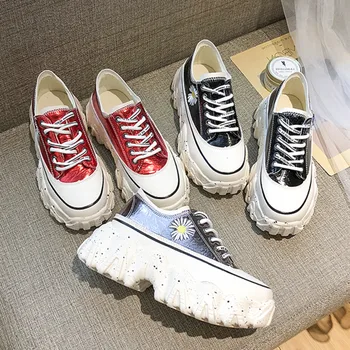 

2020 Spring Woman Chunky Sneakers 7cm New Platform Wedges Shoes For Women Red Fashion Designers Lace Up Leather Casual Shoes
