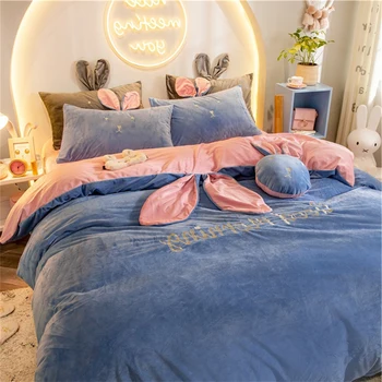 

Cute rabbit ears Crystal velvet bedding set Coral fleece duvet cover Keep warm Flannel bedsheet embroidery velvet pillowcase