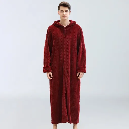 Длинный мужской Халат с капюшоном, фланелевый теплый халат на молнии, роскошная однотонная одежда в полоску, свободная ночная рубашка, банный халат, Badjas DS50980 - Цвет: Wine Red