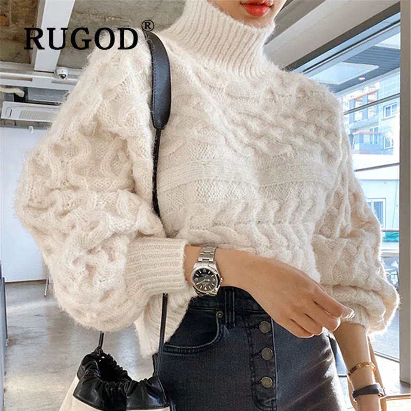 RUGOD укороченный свитер с укороченным воротником, объемный пуловер, белый джемпер, Зимние Топы для женщин, вязаная одежда в Корейском стиле