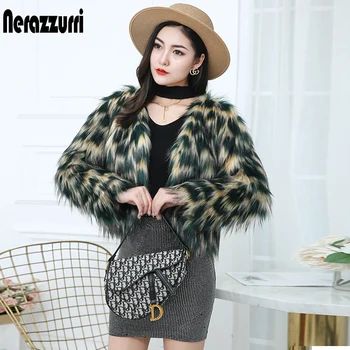 

Nerazzurri Warm fluffy faux fur cropped jacket women v neck long sleeve Multicolor short furry jacket Winter clothing for women