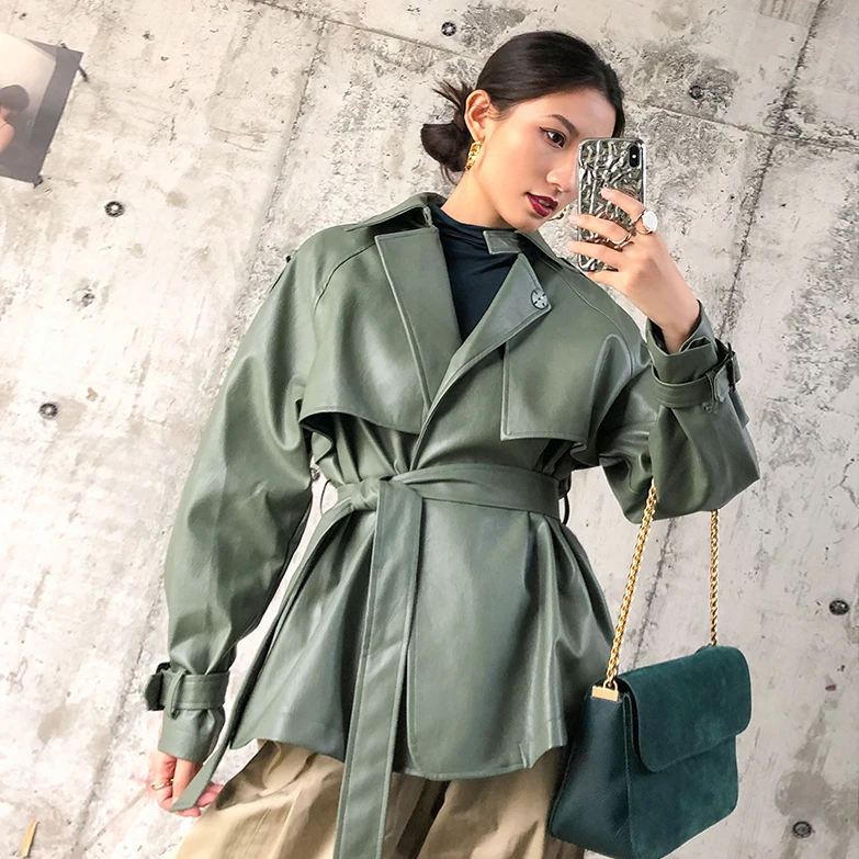 buy  2019 New Designer PU Leather Jacket Women Faux PU Leather Belt Coat Casual Female Streetwear Outwea