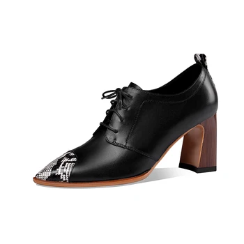 

New Women high Heels Party Pumps Spring Summer print Point Toe Shoes Cross-Tied Genuine Leather Brand Shoes Woman