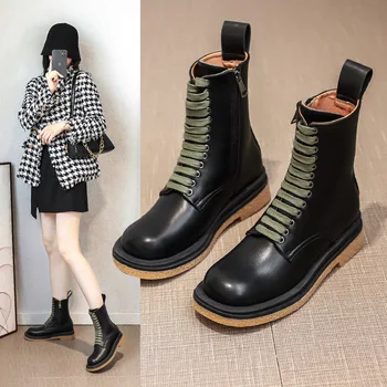 

New round headed student boots leather British mid sleeve boots women's low heel lace up mesh red boots
