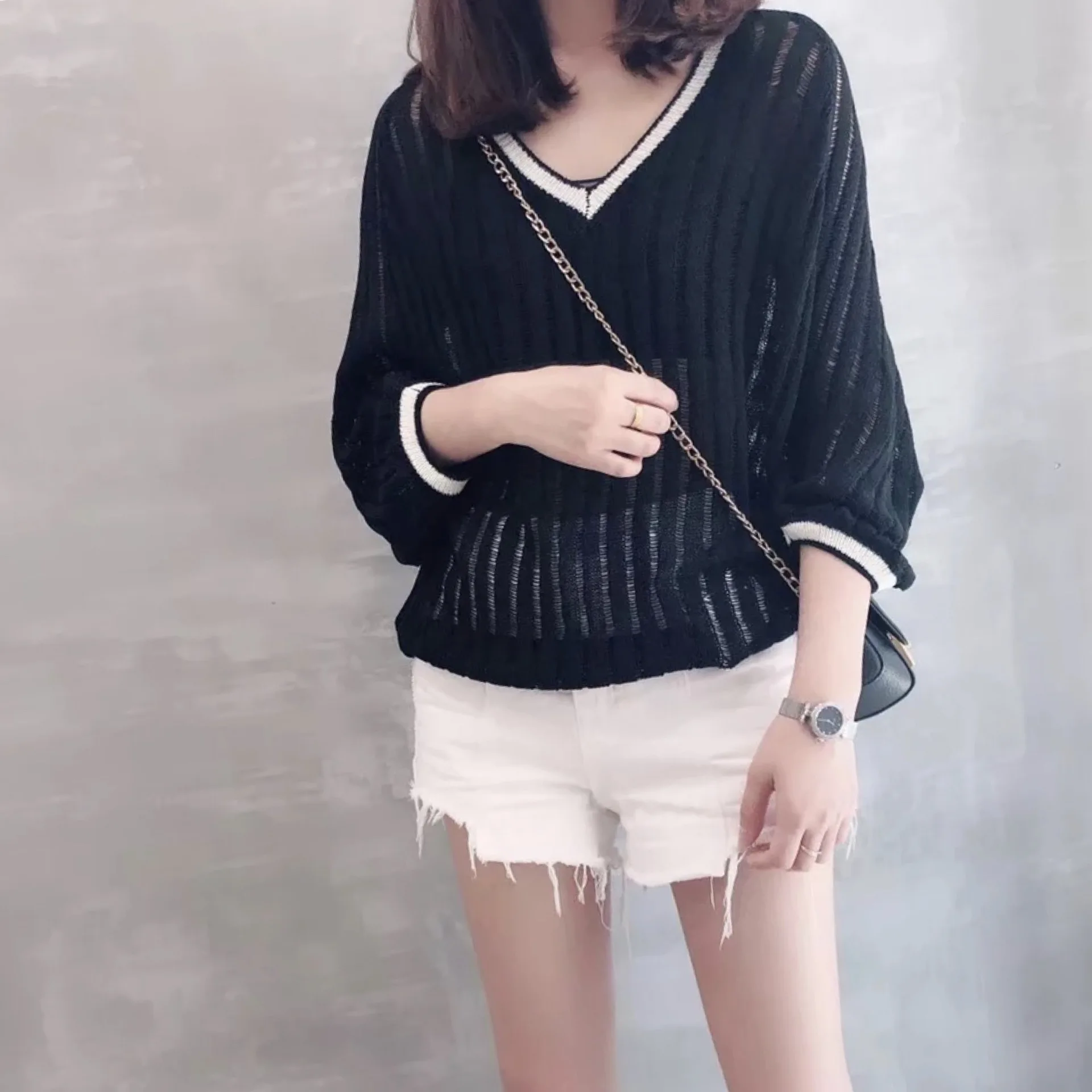 

Viscose Sweater Women's Loose-Fit Slimming V-neck Elegant Simple Bat Sleeve Knit Blouse WOMEN'S Dress Outdoor Airable Shirt