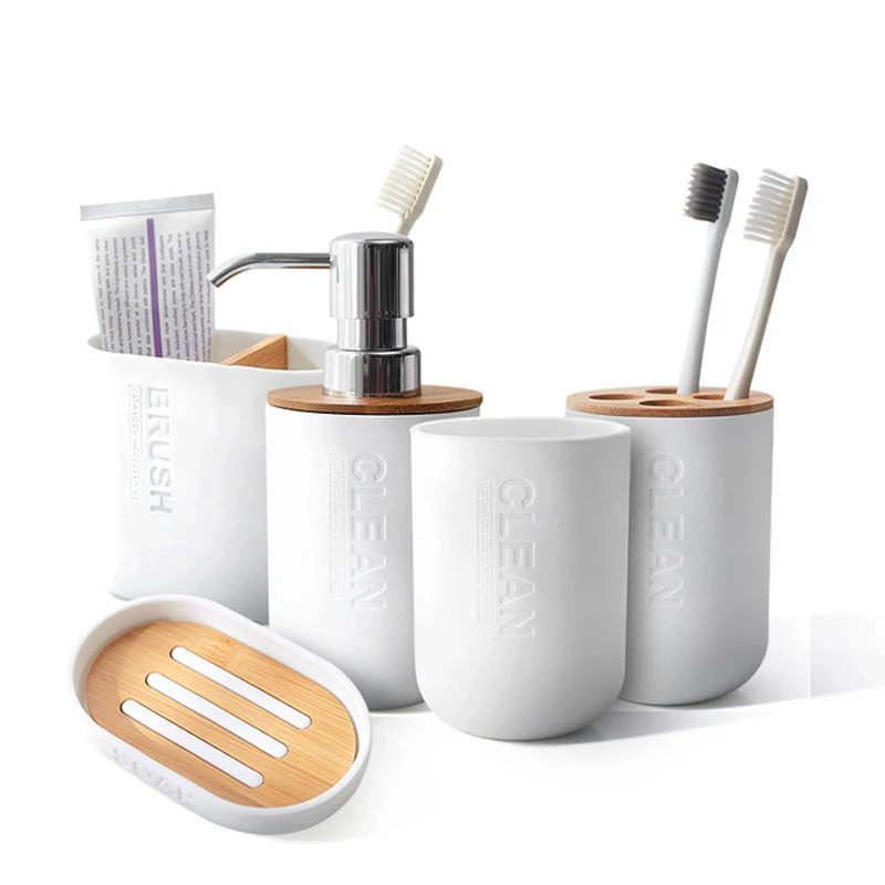 5Pcs Set GOALONE бамбуковые аксессуары для ванной комнаты держатель для зубной щетки диспенсер для мыла туалетная щетка набор для ванной комнаты аксессуары для украшения ванной комнаты - Цвет: 5Pcs Set
