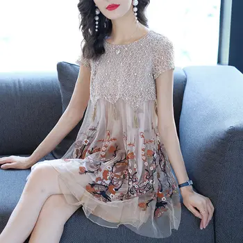 

Summer Women's Short-sleeved Embroidery Thin Dress Fashion Tassel Mesh Stitching Short Dress X248