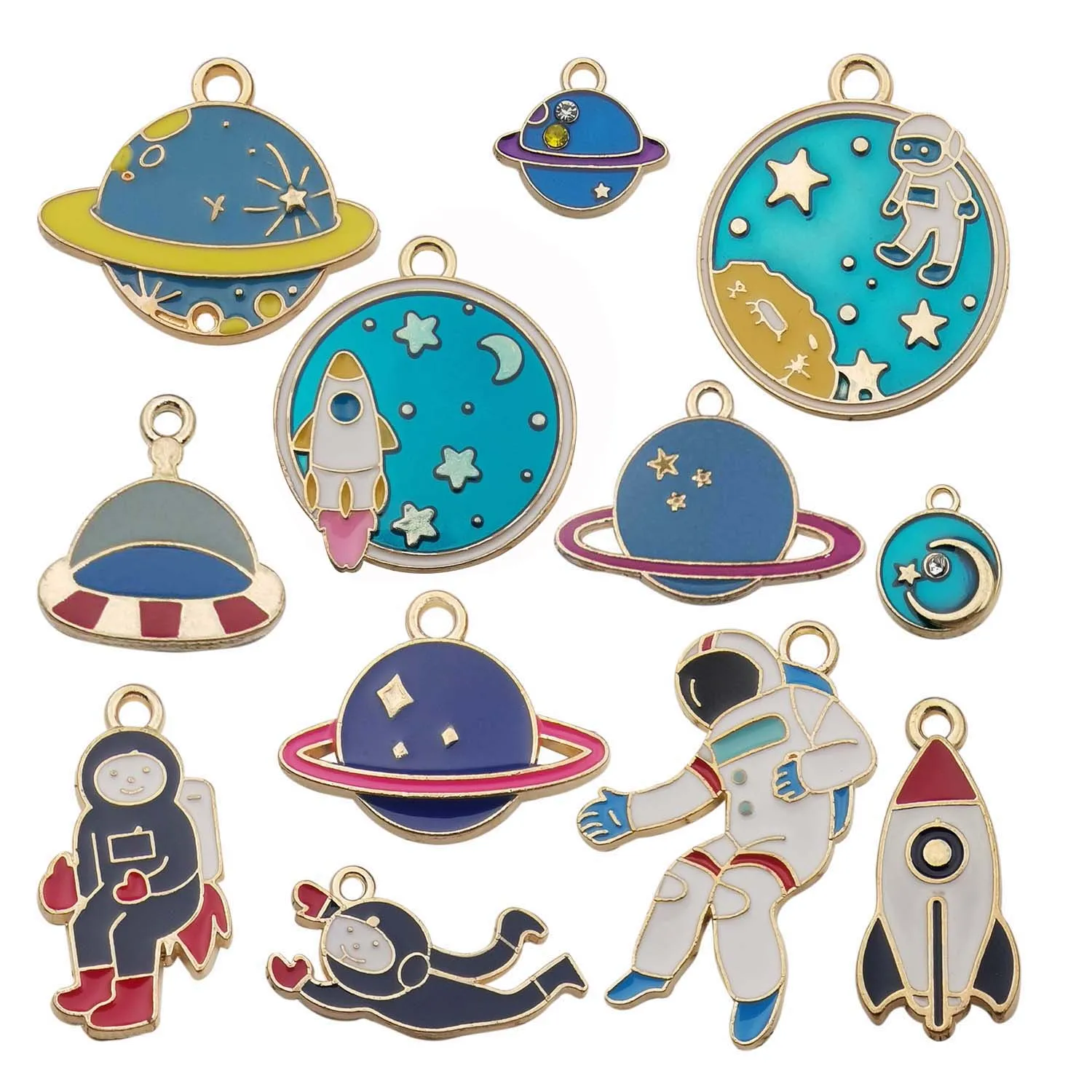 

24pcs Assorted Gold Enamel Planet Astronaut Charm Pendant for DIY Jewelry Making Necklace Bracelet Earring Accessories-M343