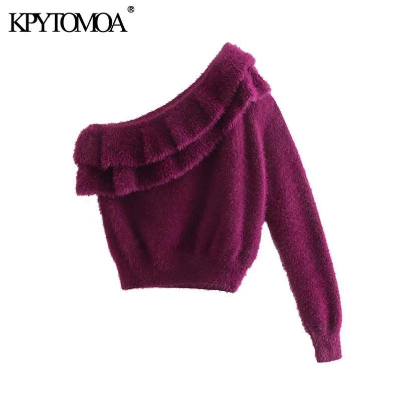 

Vintage Sexy One Shoulder Ruffles Knitted Short Sweater Women 2020 Fashion Long Sleeve Stretchy Female Pullovers Chic Crop Top