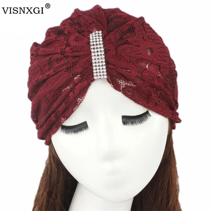 VISNXGI, женская шапка, Эластичный Тюрбан, повязка на голову, кружевные цветочные стразы, индийские громоздкие мешковатые шапки, шапки, повязка на голову, бандана, обертка бини