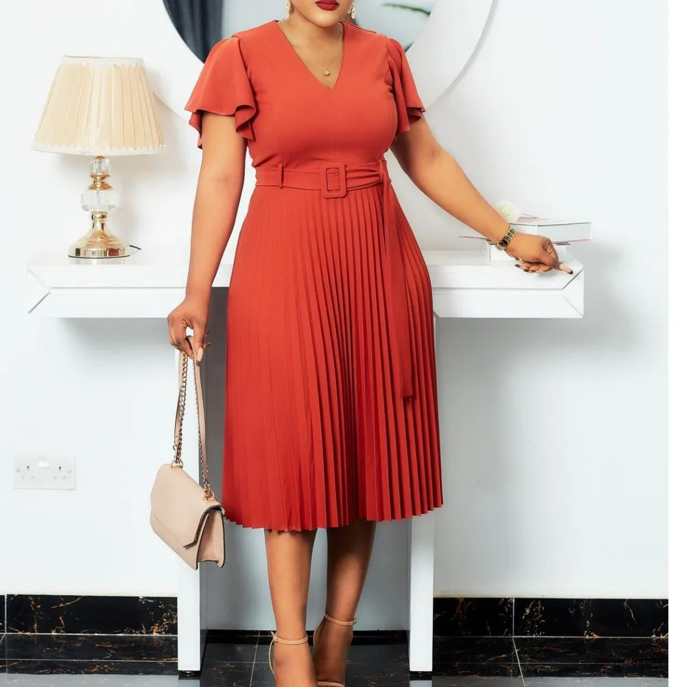 Elegant Women V-neck Flare Sleeve Plus Size Pleated Dress African Mother Clothes Lady Office Modest Dress Summer New Arrival