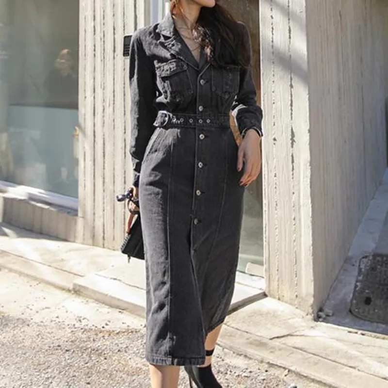 Lange Mouwen Koreaanse Stijl Herfst En Winter Stijl Dames Single-Breasted Slanke Taille Denim Jurk Lange Mouwen Koreaanse Stijl Herfst En Winter Stijl Dames Single-Breasted Slanke Taille Denim Jurk