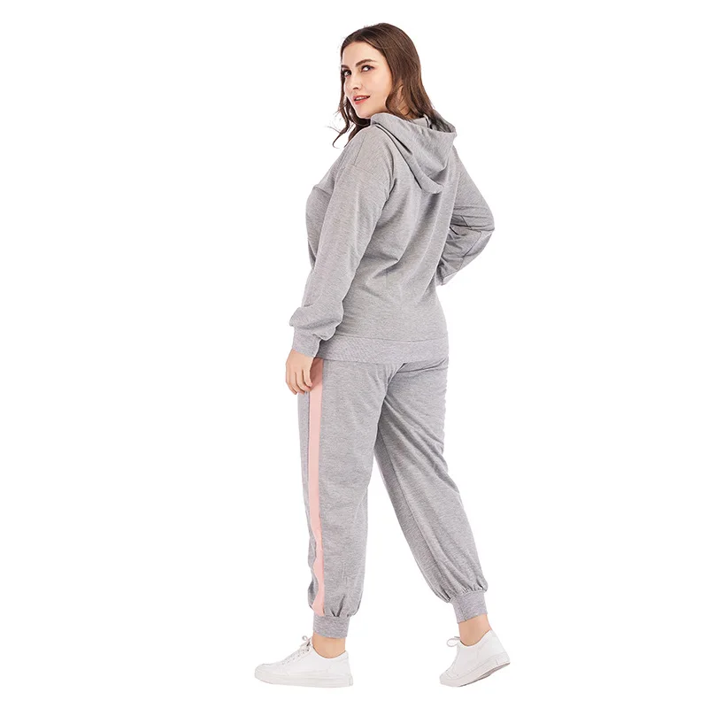Plus Size Women Casual Set Cotton With Siamese Cap Long Trousers Sweatshirt Sets Loose Solid Grey Womens Sports Two Piece Sets