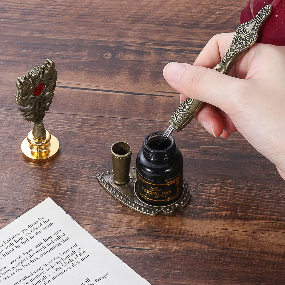 1Set Luxurious Wax Seal Stamp+Quill Pen+Ink Set Vintage Feather Dip Pen Pen