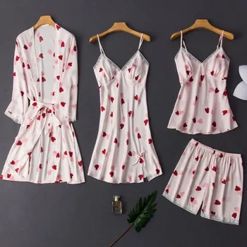 

Satin Pajamas Women Autumn Four-Piece Sexy Sling Suit Ice Silk Love Home Service