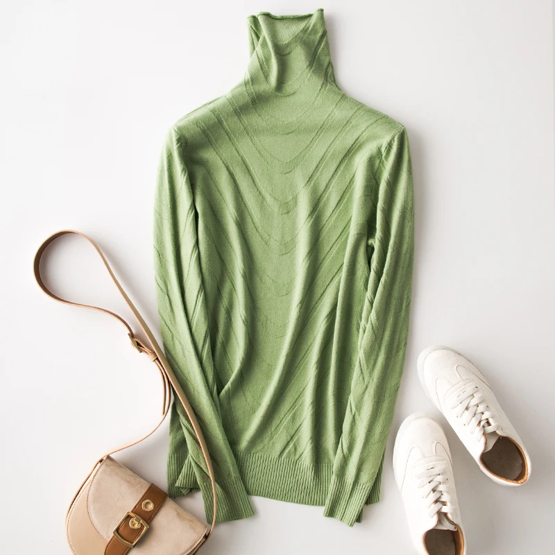 Высокое качество водолазка шерстяной свитер женский Осень Зима Толстый Пуловер однотонный вязаный джемпер ворс воротник свитер - Цвет: Зеленый