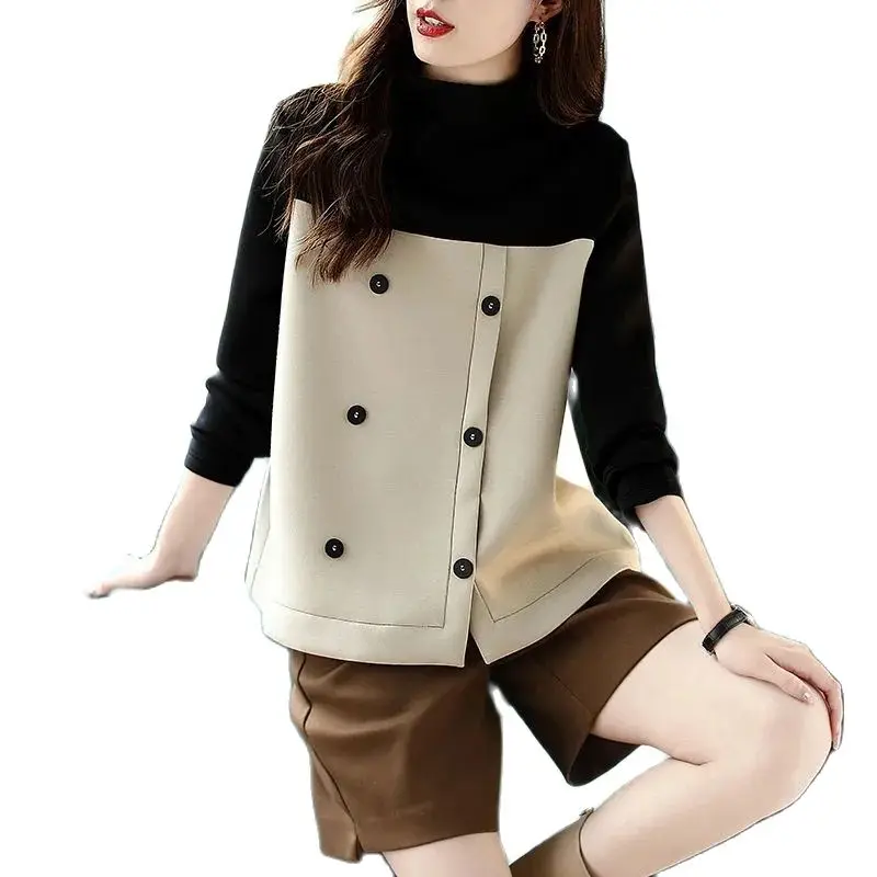 

2021Autumn Winter New Loose All-Match Splicing Color Contrast Ladies Tops Half High Collar Long Sleeve Hedging Woolen Female