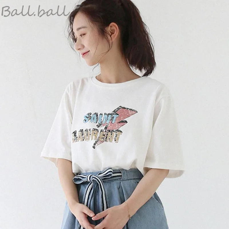 Повседневная Женская футболка с буквенным принтом, летние белые женские топы с круглым вырезом, Harajuku размера плюс, милая тонкая женская футболка